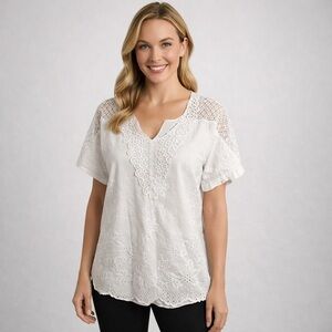Women’s L Shirt White Eyelet Top Lace Embroidered Summer Beach Blouse Light